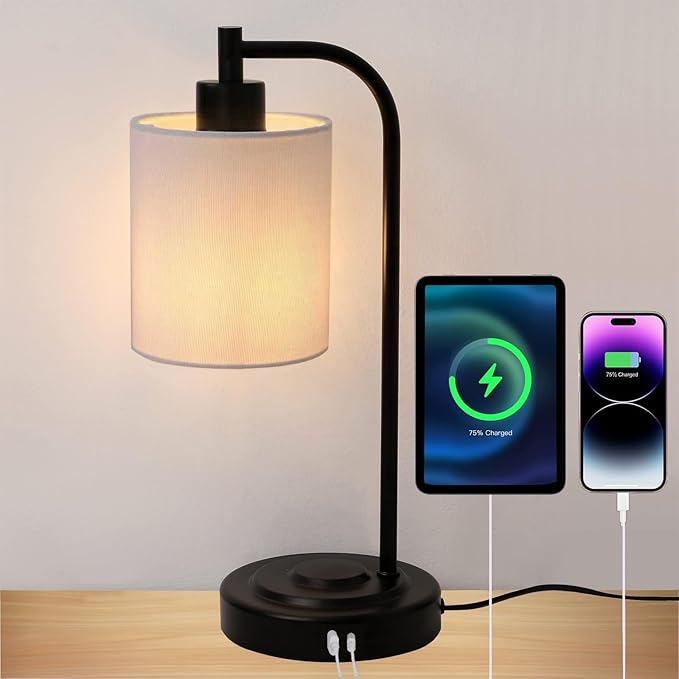 Industrial Style Touch Control Table Lamp - Dual USB A+C Ports Charging Bedside Light, Adjustable Brightness Metal Base Lamp for Bedroom, Office, Living Room Nightstand (Fabric lampshade)