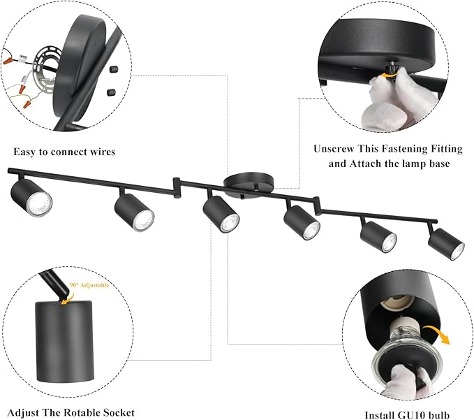 BoostArea LED 6 Light Track Lighting Kit, Black 6 Way Ceiling Spot Lighting, Flexibly Rotatable Light Head for Kitchen, Living Room, Bedroom, GU10 Bulb Not Included