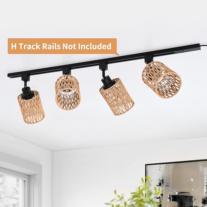 4-Pack H Track Light Heads, Modern Rattan Track Lighting Fixtures for H Type Single Circuit Tracks Rails, Adjustable Track Light Fixtures, E26 Track Light Ceiling Modern for Kitchen, No Bulb