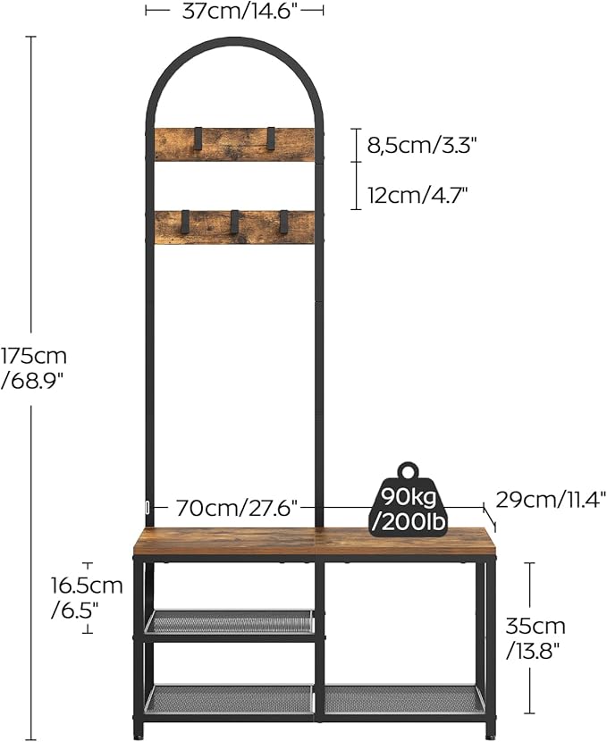 Hall Tree, Coat Rack with Shoe Storage, Entryway Bench with Coat Rack and Shoe Shelf, All-in-One Entryway Storage Organizer, for Foyer, Hallway, Cloakroom, Rustic Brown and Black MT04BRY1