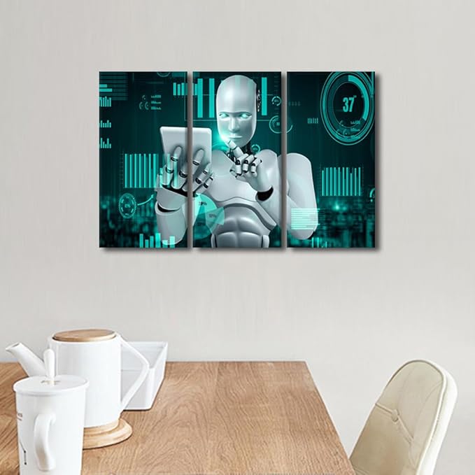 TUMOVO Robot Wall Art Canvas Print AI Intelligence Pictures Paintings Big Data Analysis Posters and Prints on Canvas Modern Artwork for Home Walls Stretched and Framed Ready to Hang, 36" Wx24 H