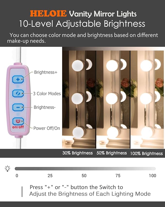 Led Vanity Mirror Lights, Vanity Lights for Makeup Dressing Mirror Lighting,10 Dimmable Bulbs,Adjustable Light Color & Brightness,USB Cable