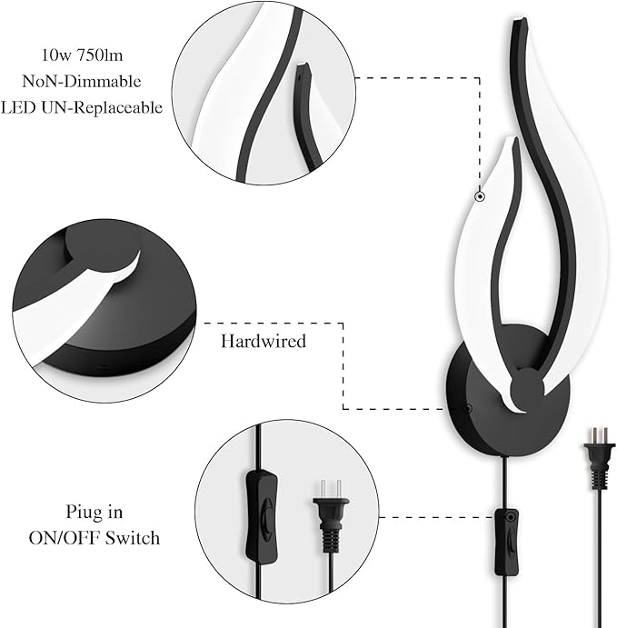 Plug in Wall Sconces Set of 2 Modern Bedroom Bedside Lamps Industrial Sconces with Switch On Off Cord 5500k 10 Watt LED Wall Lights for Living Room Indoor Hallway Lighting Fixtures