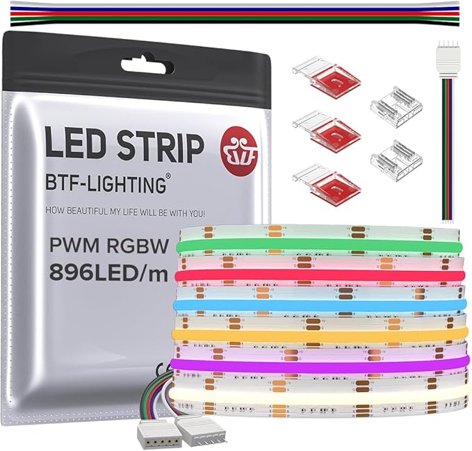 BTF-LIGHTING FCOB COB LED Strip RGBW 4000K 896LED/m 16.4FT DC12V Color Changing Flexible High Density Uniform Light 12mm Width for Home Indoor Decoration(No Adapter or Controller)