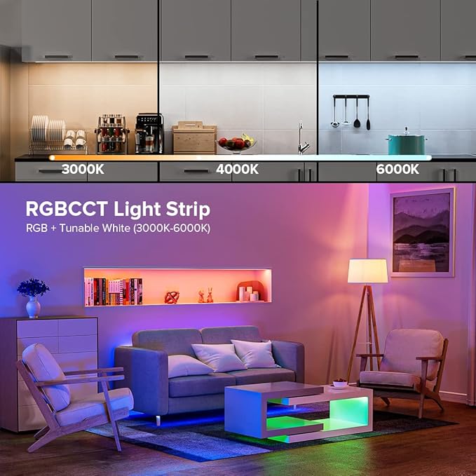 BTF-LIGHTING RGBCCT 5 Colors in 1 LED Tape Lights 5050SMD RGBWW RGB+Dimmable Color Temperature 2700K-6500K 16.4ft 96LED/m 480LED IP65 DC12V White PCB for Home Decoration(No Adapter or Controller)