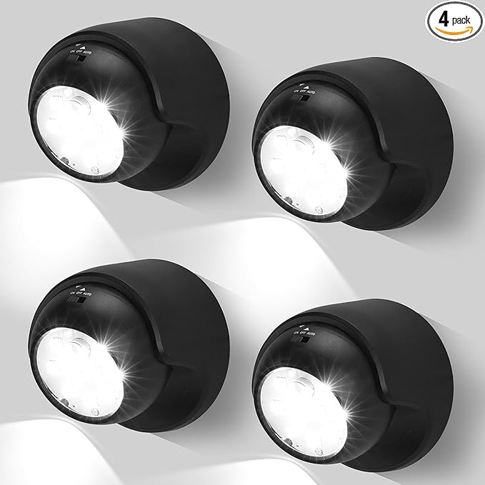 Motion Sensor Outdoor Lights - Outdoor Motion Sensor Light Battery Operated Wireless Spotlight Motion Detector Security Light Auto On Off for Sheltered Porch Stair Hallway Garage Wall Shed (4 Pack)