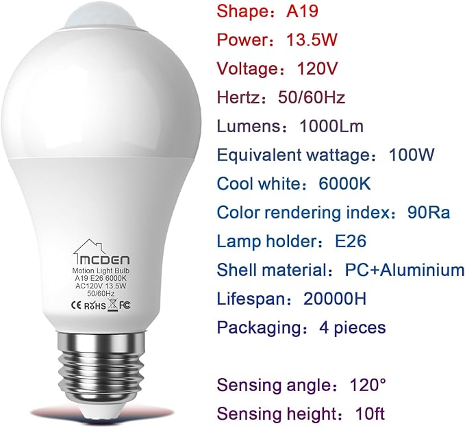 McDen Motion Sensor Light Bulb, Indoor Motion Activation Detector Light Bulb, E26 Base Dusk to Dawn Security Night Light 13.5W Equivalent 100W 6000K Daylight 4 Packs
