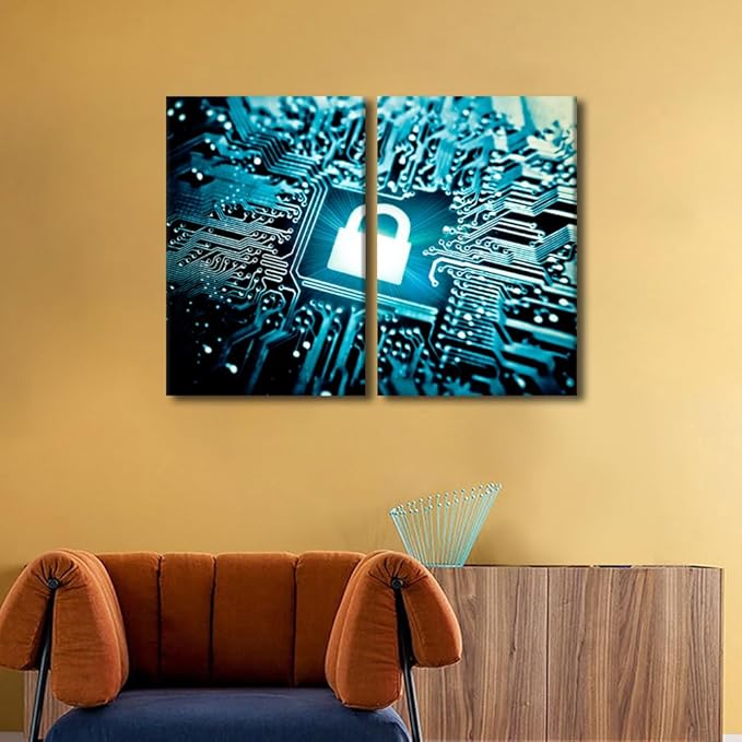 Security Lock Symbol Wall Pictures for Living Room Modern Home Decor AI Intelligence Canvas Poster Pictures Pictures House Decorations Artwork Paitings 3 Pieces Framed Ready to Hang, 24"Wx16"H