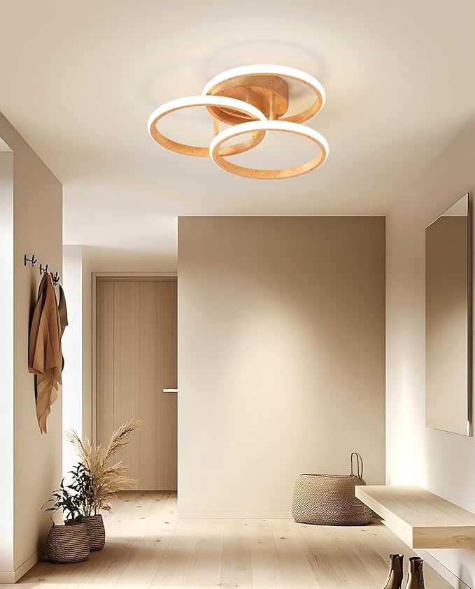 Dimmable LED Semi Flush Mount Ceiling Light Fixture with Remote Control 3-Color Dimming Circle Modern Light, Close to Ceiling Bedroom Kitchen Hallways Balcony Corridor Lamp (15in- 3 ring LightWood)
