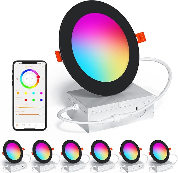 Smart Recessed Lighting 4 Inch Black RGBCW Color Changing 12W LED Downlight with Junction Box,1080 Lumen Recessed Ceiling Light Compatible with Alexa,Dimmable by Bluetooth Control -6Pack