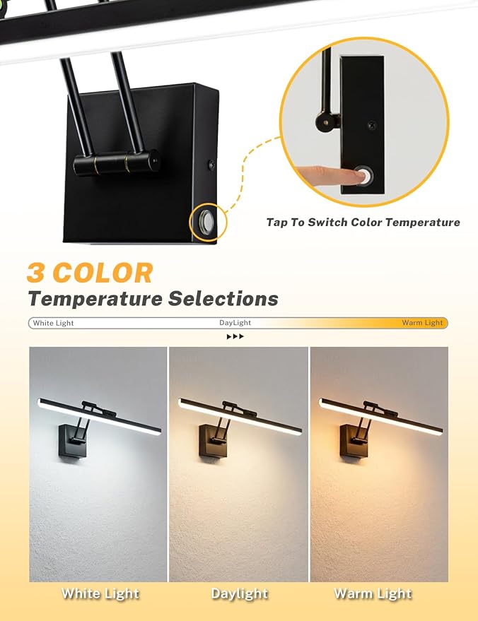OSYNNIQ Bathroom Vanity Light, 24″ Wall Picture Art Modern Lighting Fixture Over Mirror LED Bar 3 Colors Dimmable Brightness Adjustment Rotatable Black Waterproof IP44 Wall Sconce for Makeup Shaving