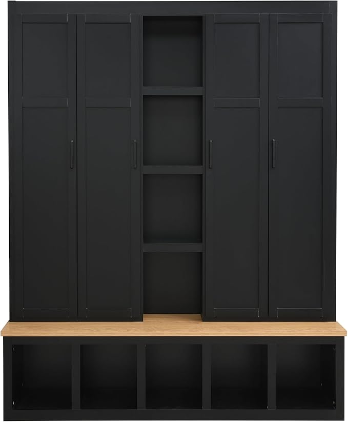 Merax Modern Farmhouse Hall Tree with Bench, 4-in-1 Entryway Storage Cabinet & Shoe Organizer with Hooks, Black
