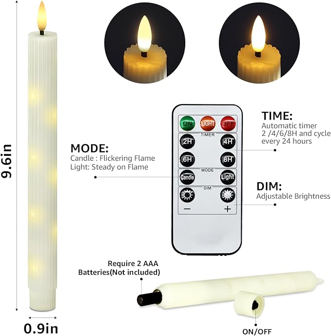 uuffoo 3 Pack Flameless Taper Candles with Remote Timer, Flickering Taper Candles Battery Operated Real Wax LED Fake Candles for Indoor Outdoor Home Wedding Fireplace Decor (Ivory, 0.9 X 9.6 Inch)