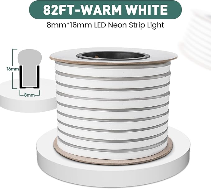 GZBtech Flexible LED Neon Rope Lights 82FT,AC 110-120V Waterproof Strip Light, 2800K Cuttable Connectable Neon Lighting for Indoor Outdoor Home Decor/Commercial Use-Warm White 25M, ETL Listed