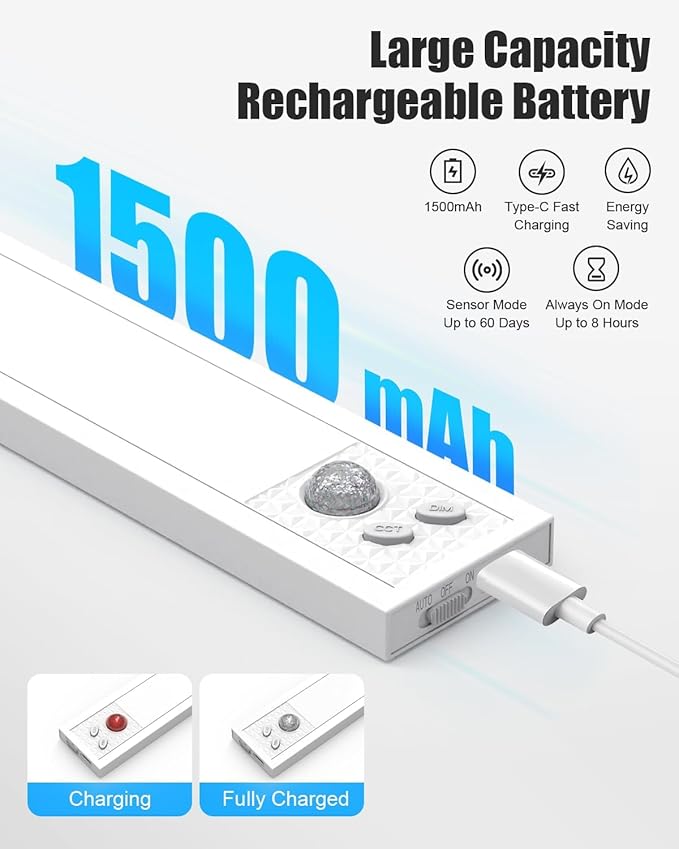 Under Cabinet Motion Sensor Lighting - 8 Inch Wireless Under Cabinet Lighting, Rechargeable with Magnetic Mount, 5CCT Adjustable for Kitchen/Hallway (White, 2-Pack)