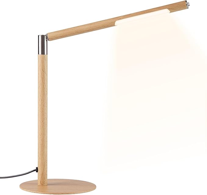 LED Desk Lamp, Home Office Eye Lamp, 3 Modes, Infinitely Adjustable Brightness, Metal, Multi-Angle Adjustment, Detachable Desk Lamp with USB (Wood Grain)