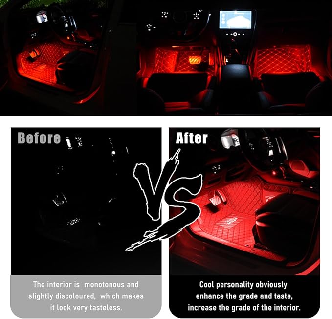 Car Interior LED Strip Light, 12V 24 LED Neon Ambient Night Light with Cigarette Lighter Plug, Automotive Atmosphere Decorative Under Dash Lighting Kit, Car Accessories (Red)