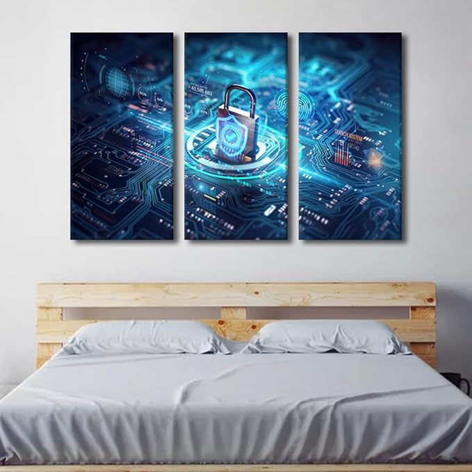 TUMOVO Large Canvas Wall Art 3 Panels Secure Connection or Cybersecurity Service Concept of Compute Print on Canvas for Living Room Bedroom Wall Decoration, Ready to Hang, 60" Wx40 H