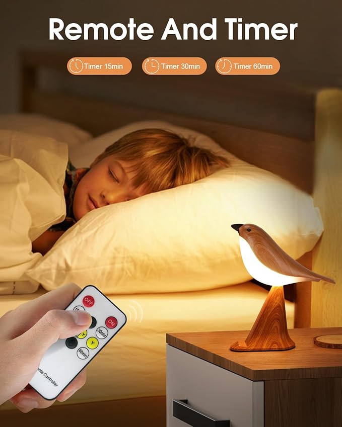 Small Bird Table Lamp, 2600mAh Touch Cordless Bedside Lamp with Remote Control & Phone Holder, 3-Color Dimmable Kids Night Light, Rechargeable Desk Lamp with Timer & Bird Sounds for Toddler Kids