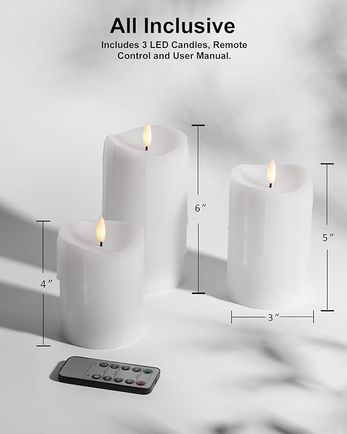 White Flameless Candles with Remote and Timer, Real Wax Made Wax Drip LED Pillar Candles Battery Operated with 3D Flickering Flame Melted Top - 3" x 4",5",6" - Set of 3