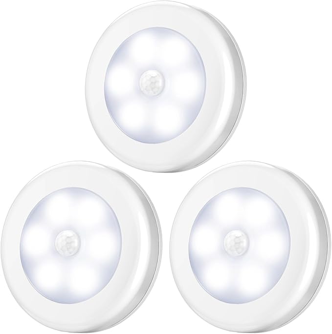 AMIR Upgraded 3.15” Motion Sensor Light Indoor, Cordless Battery Powered Stick on LED Night Lights for Closet, Stair, Under Cabinet, Hallway, Kitchen (White - Pack of 3)