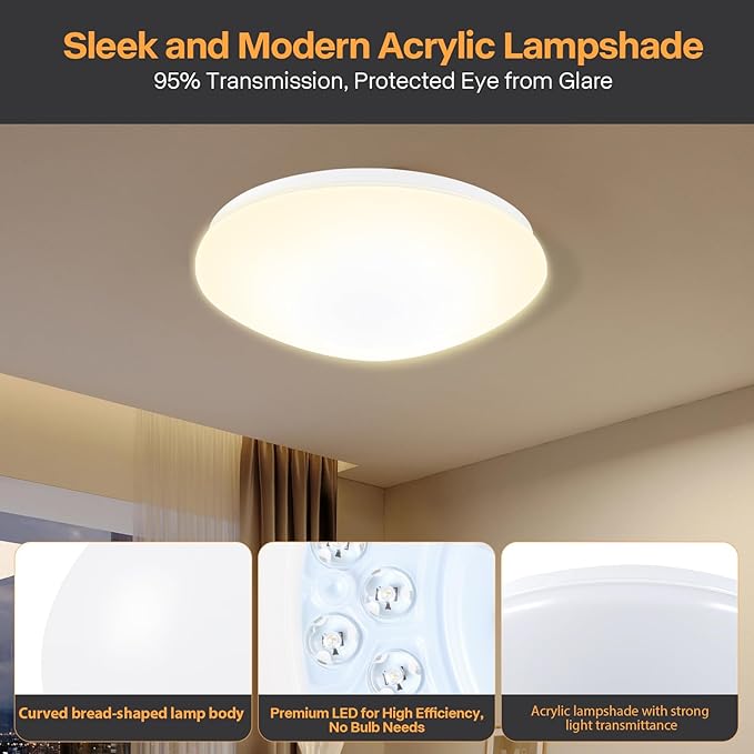 13 inch Flush Mount Ceiling Light, Dimmable LED Ceiling Fixture with 3 Color Temperatures (3000K/4000K/5000K), Ultra Thin Round Design for Kitchen, Bathroom, Bedroom, Hallway - ETL Certified