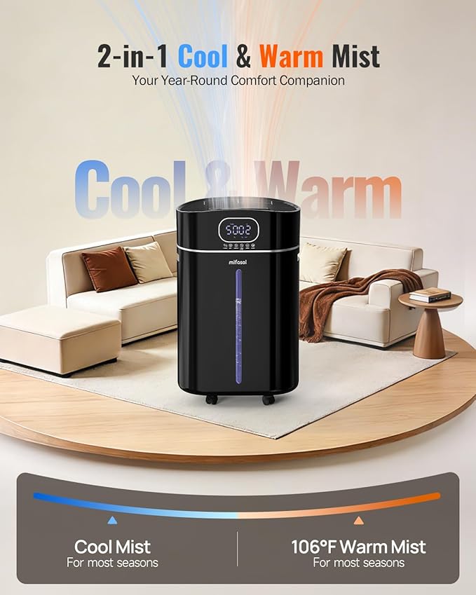 4.2Gal/16L Cool and Warm Mist Humidifier Large Room, Auto Restart Humidifiers for Home 1500 sqft, Air Humidifiers for Bedroom with Diffuser & Flame Light, Whole House Humidifiers for Baby Plant, Black