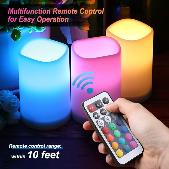 LED Flickering Flameless Candles with Color Changing, Remote Control and Auto-Off Timer, 100 Hours Working Time, Battery-Operated.Multi-Color