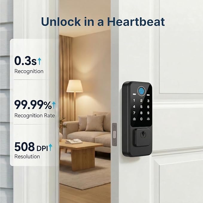 Smart Door Lock with Built-in WiFi - Keyless Entry Door Lock for Front Door, Fingerprint Door Lock with App Control, 5-in-1 Touchscreen Deadbolt with 6 Keys & 2 NFC Cards, Auto Lock