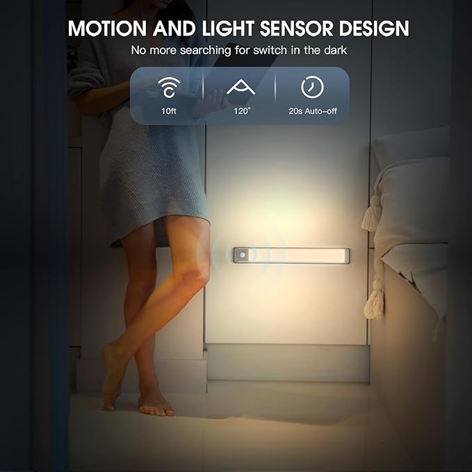 Under Cabinet Light, 40 LED Rechargeable Battery Operated Motion Sensor Light Indoor, Magnetic Dimmable Closet Light, Wireless Under Counter Lights for Kitchen,One Light, Warm White Light