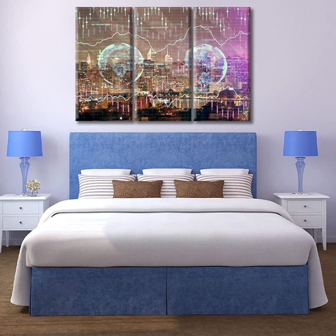TUMOVO Forex Chart Drawings Over Cityscape Pictures Home Decor Modern Artwork Living Room Wall Decor 3 Panel Rustic Home Decor Print on Canvas Stretched and Framed Ready to Hang (60" Wx40 H)