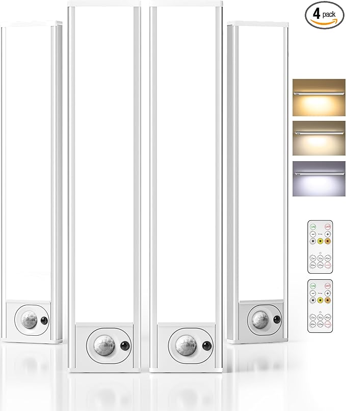 4Pack 7.8inch Under Cabinet Lighting, Rechargeable Motion Sensor Light Wireless Indoor, Dimmable 3 Color Temps Closet Lights with Remote, Under Counter Lights for Kitchen, Stairs, Bookshelf