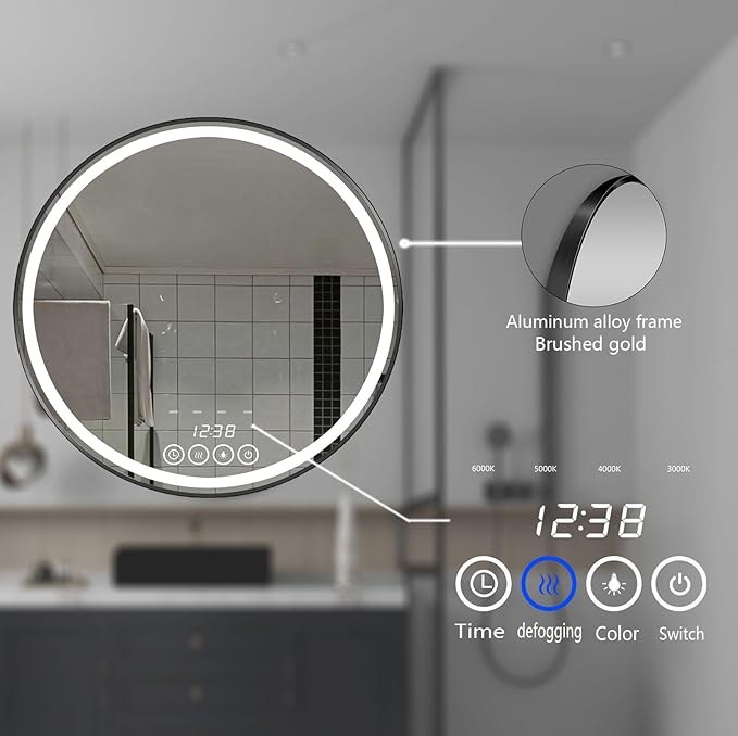Wall-Mounted Round Bathroom Mirror with LED-Lights - Frame Vanity Mirrors (28" x 28", Black)