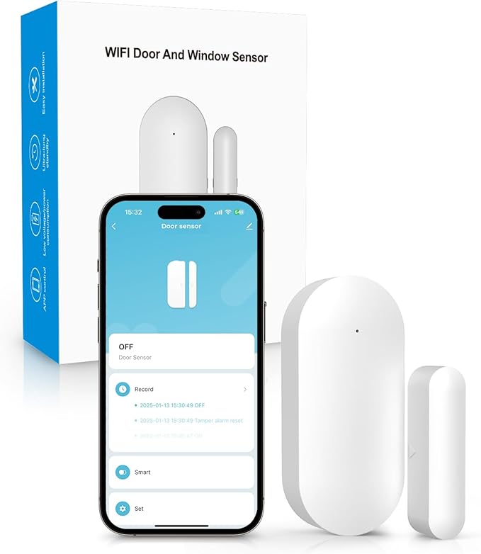 Door Window Alarm Sensors,Smart Life Tuya APP Control & Instant App Alerts,Compact WiFi-Connected Sensors, Suitable for Bedrooms,Offices,Garages,Safes–NO Monthly Fees