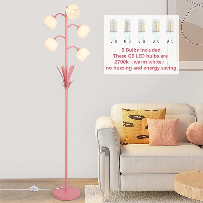 Pink Flower Floor Lamps for Living Room, Modern Floor Lamp with 5 LED Bulbs, Adjustable Standing Lamps for Bedroom Girls Room, Dresser, Kid's Room, Corner Tall Lamp Ambient Lighting for Home Decor