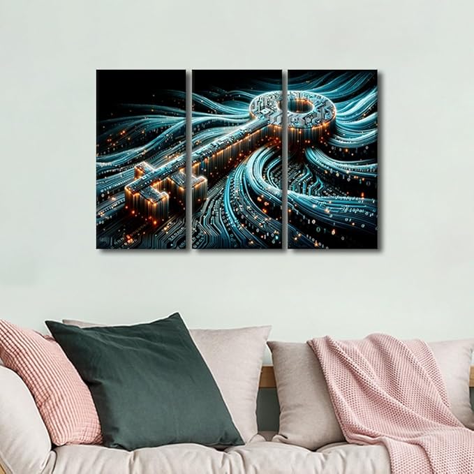 3 Panel Cyber Security Concept with Key on Circuit Board Pictures Print On Canvas Wall Art for Living Room, Concepts Artwork Stretched and Framed Gallery-Wrapped Ready to Hang, 36" Wx24 H