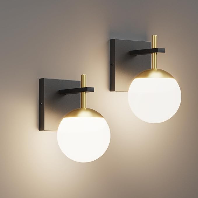 Ralbay Black Gold Indoor Wall Sconces Set of 2,Mid Century Modern Bathroom Wall Lighting Fixtures Milky Glass Wall Lamp for Bedroom Living Room Vanity Hallway,Black and Gold(Exclude Bulb)