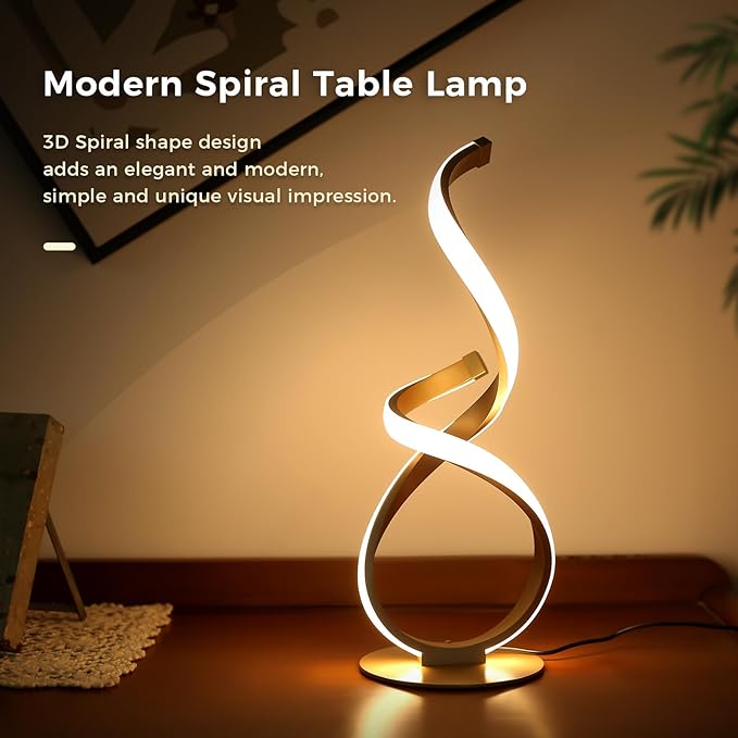 Bedside Table Lamp, LED Touch Dimmable Spiral Desk Lamp for Night Stands, 3 Color Temperature Modern Nightstand Light, Unique Side Light for Living Room, Bedroom, Gold