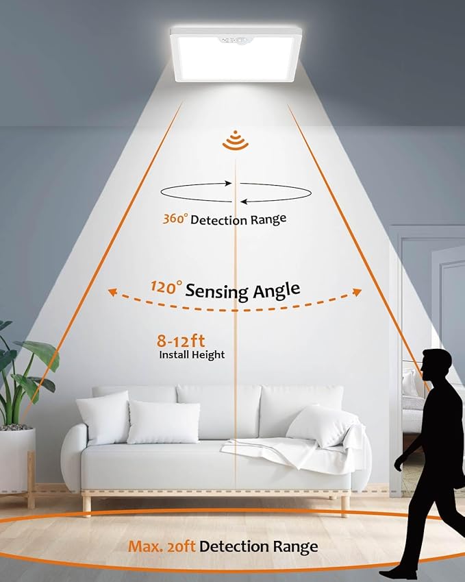 12in Motion Sensor Ceiling Light Wired, 3000K 4000K 5000K Selectable, 24W Flush Mount Square Motion Ceiling Light with 3 Timer for Closet Porch Stairs Hallway, White
