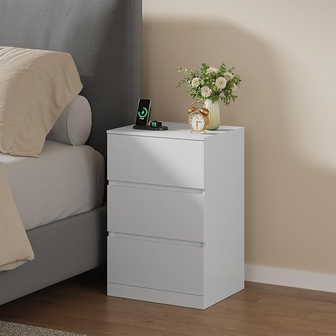 Nightstand Set of 2, 26" H with Hidden Drawer, Bedside Table with Charging Station, 4 Drawers, Modern Night Stand for Bedroom, White