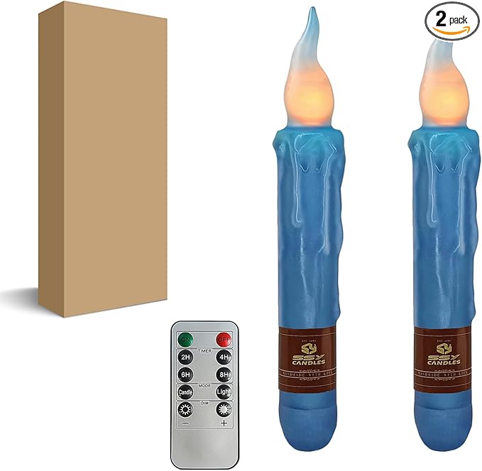 Dark Blue Flameless Short Taper Candles, Real Wax Hand Dipped LED Battery Operated with Remote, Flickering Flame Lights for Festival Party Home Décor, 6.7 Inch Primitive Flameless Candles, 2PCS