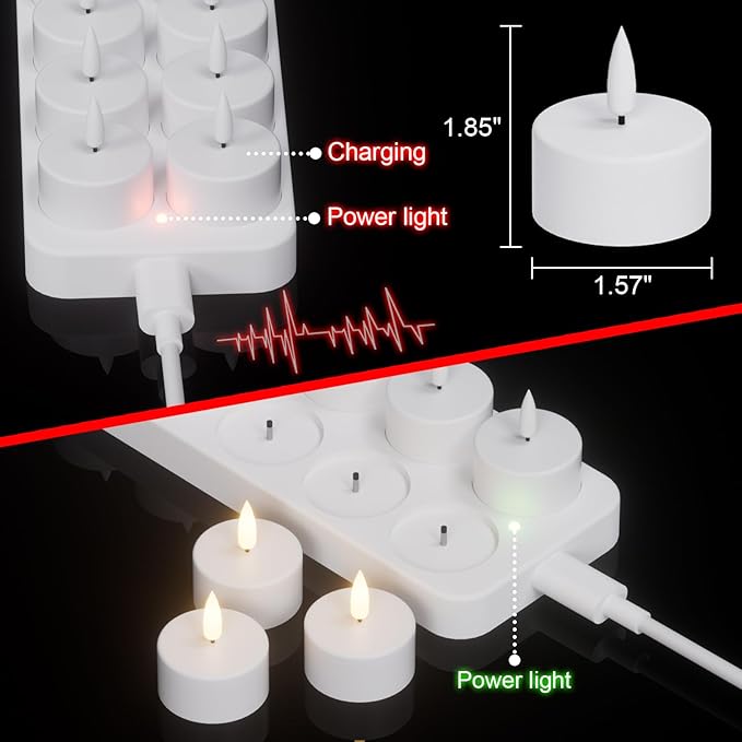 Rechargeable Tea Lights Candles with Remote Timer & Charging Base, 12pcs Battery Operated LED Candles Tea Lights Flameless for Halloween Decorations Wedding Home DecorΦ 1.57" H 1.85"