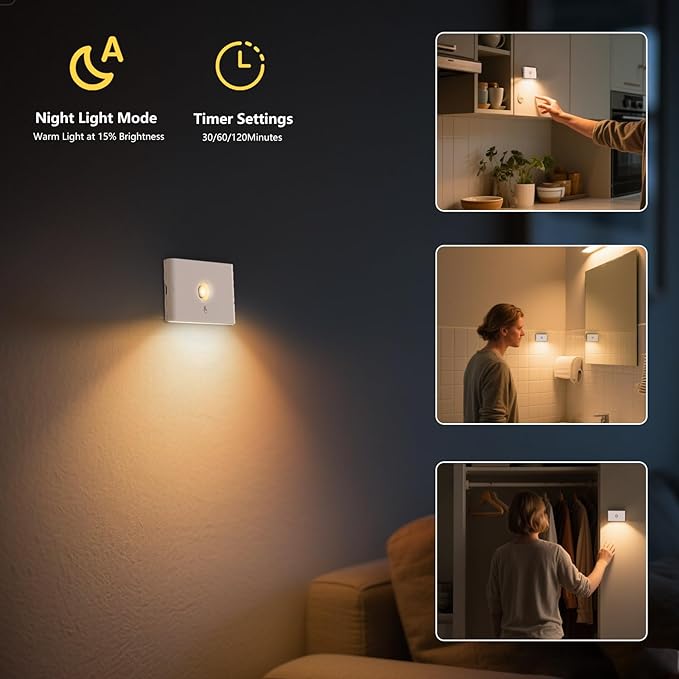 Rechargeable Stair Night Lights Indoor with Motion Sensors, Small Battery Powered Stairway Lights for Bathroom, Hallway, Underbed, Toilet, Magnetic Mount, 4 Pack