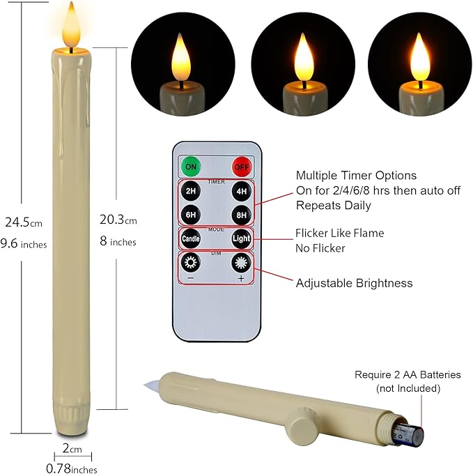 Homemory 24 Pcs Flameless Taper Candles with Remote, Timer, Plastic Battery Operated CandleSticks, Ivory Led Window Candles with Flickering Light, 9.6 Inches for Christmas Home Wedding Decor