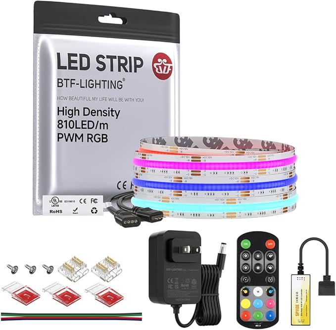 BTF-LIGHTING FCOB RGB COB LED Strip Lights Kit UL Listed 810LEDs/m 9.8FT 10mm Width Color Changing Flexible LED Tape for Bedroom Party Decor, with RF Remote and ETL 12VDC Power Supply