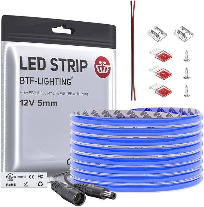 BTF-LIGHTING FCOB COB LED Strip Blue Color 5mm Width UL Listed Super Narrow Flexible Uniform Light DC12V 16.4FT CRI 90+ Dimmable LED Ribbon for Bedroom Home Indoor Decor(No Adapter or Controller)