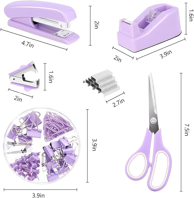 Office Supplies,Desk Accessories,with Stapler,Tape Dispenser,Staple Remover,Scissor,Ballpoint Pen,Sticky Notes,Clear Tape,Staples,Desk Organizer,Phone Stand,Binder,Index Tabs,Best Gift Set(Purple)