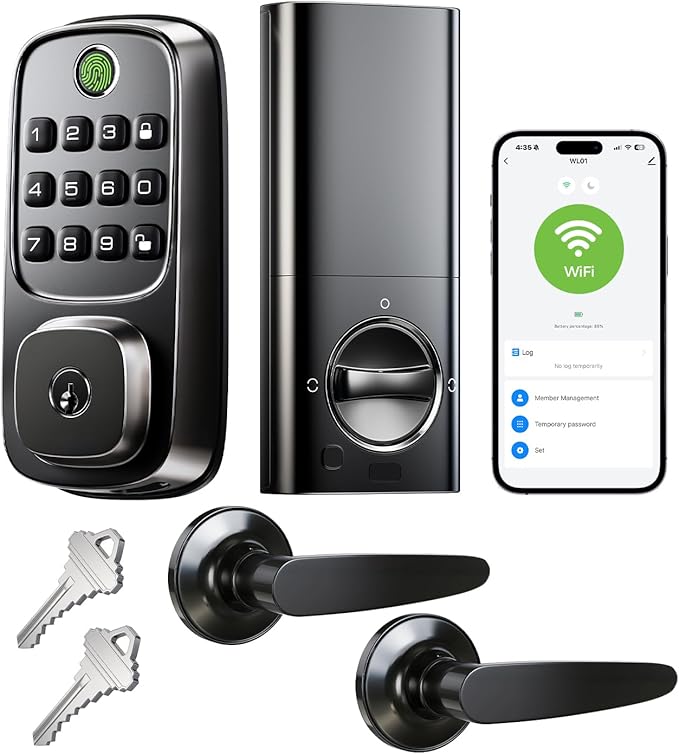 WiFi Smart Door Locks for Front Door Lock Set with 2 Lever, Keyless Entry Keypad Door Lock with Handle, Works with Alexa & Google Assistant, APP Remote Control, Voice & Fingerprint Unlock, AutoLocking