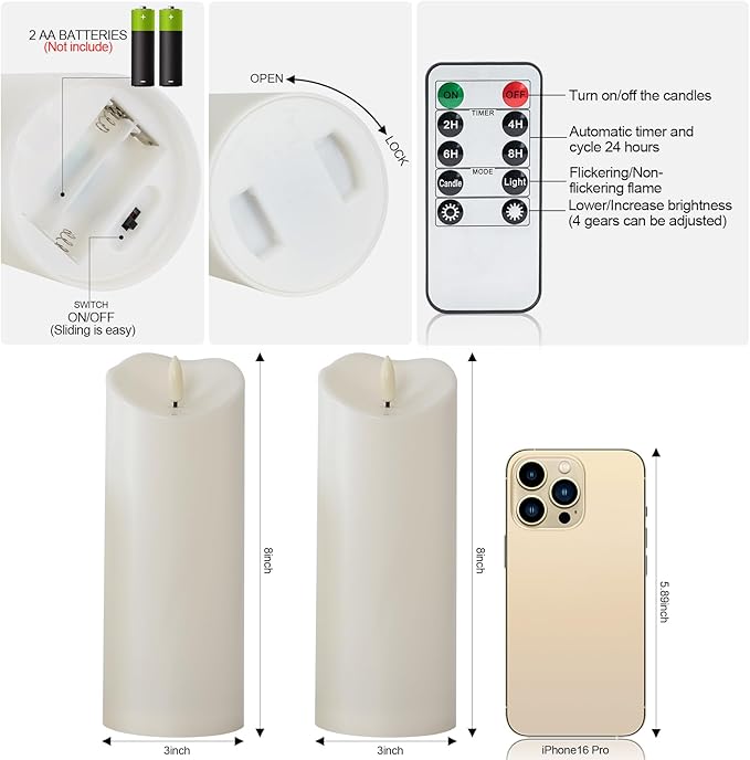 Raycare 8"x3" Outdoor Waterproof Flameless Candles with Remote and Timer, Battery Operated LED Electric Fake Pillar Candle for Christmas Home Wedding Decor, Ivory White, Set of 2