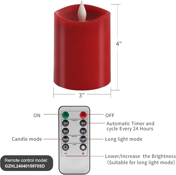 3″x4″ Red Flickering Flameless Candles, 2AA Battery Life 600 Hours Battery Candles Flickering with Timer,4 inch Flameless Candles with Remote for Indoor/Outdoor,Set of 1